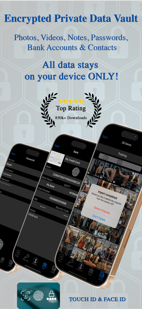 Hidden Photo Vault-Hide App LS - Interfaz de la aplicación mostrando una bóveda cifrada para fotos, contraseñas y tarjetas bancarias con seguridad FaceID