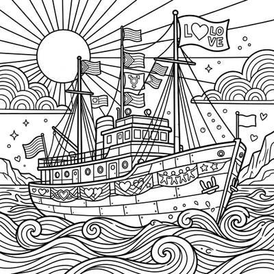 Embark on a vibrant coloring adventure with this unique exploration vessel, proudly flying flags of diversity and love. It's the perfect way to celebrate Pride Month with creativity and joy.