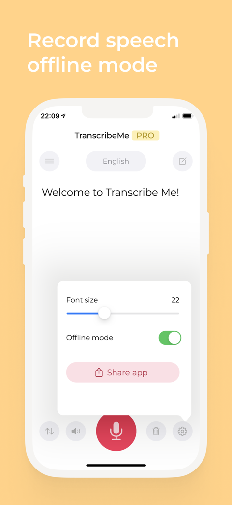 Live Transcribe Speech to text - Interface of the Transcribe Me app showing offline mode toggle and font size adjustment