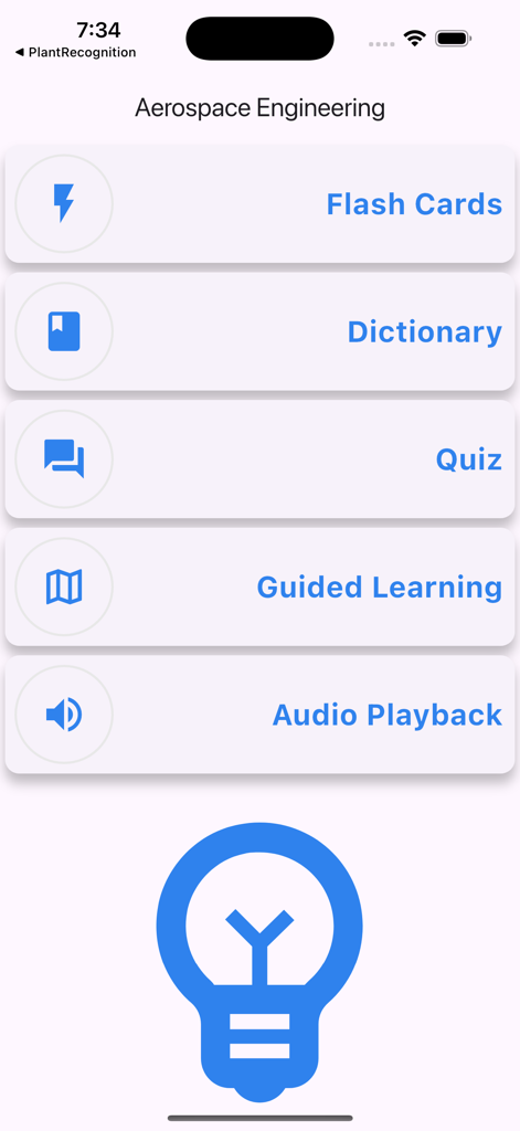 Aerospace Engineering Terms - Main menu of the Aerospace Engineering Terms app with study features including flash cards and quizzes