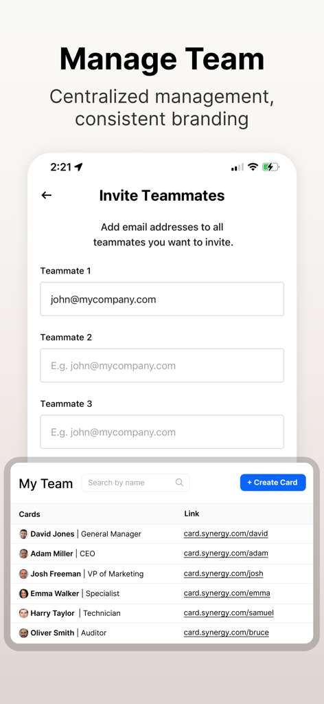 HeyDrop: Digital Business Card - Interfaz de la app HeyDrop mostrando pantallas de gestión de equipo e invitación de compañeros para tarjetas de presentación digitales