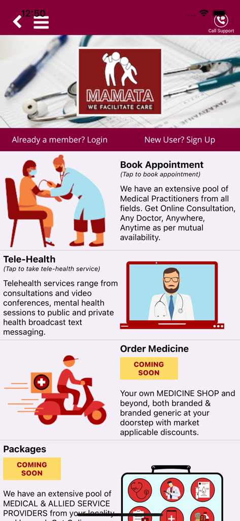 MAMATA Healthcare - Tableau de bord de l'application MAMATA Healthcare présentant les fonctionnalités de télésanté et de prise de rendez-vous