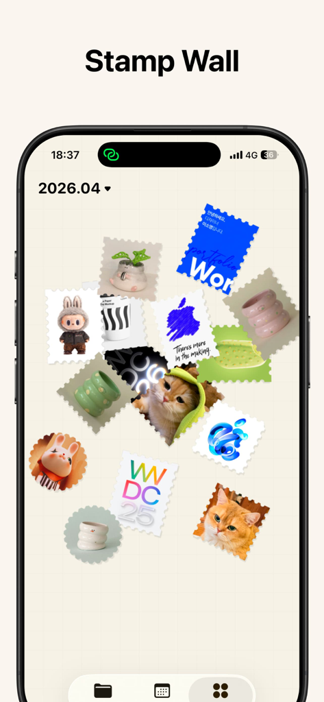 Stampie - Photo Stamps - A digital stamp wall in the Stampie app featuring a variety of curated photo stamps with perforated edges on a grid background.