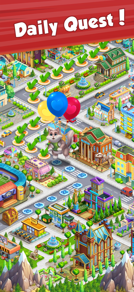 City Kitty Match - Winston the cat flying with balloons over a colorful city map showing level progression and a daily quest
