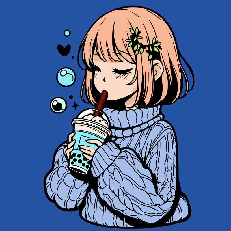 manga girl drinking boba in cozy sweater