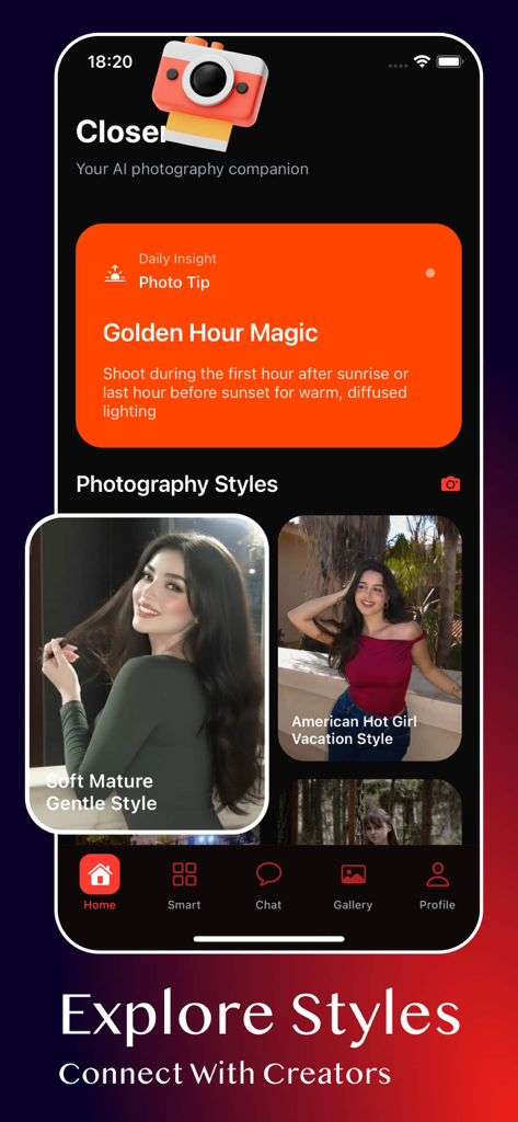 Closer - Join chat - Pantalla de inicio de la aplicación Closer mostrando estilos de fotografía y consejos diarios