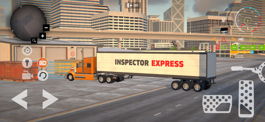 American Truck Car Driving Sim - Captura de pantalla de juego de un semirremolque naranja con un remolque Inspector Express estacionado en un entorno urbano con controles de conducción en pantalla.