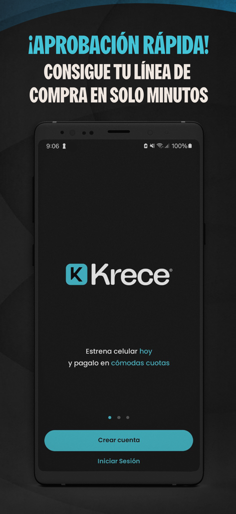 Krece - Krece App Onboarding-Bildschirm auf einem Smartphone, der eine schnelle Genehmigung für die Finanzierung von Mobiltelefonen auf Spanisch anzeigt