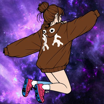 realistic girl jumping with a bun and oversized sweatshirt