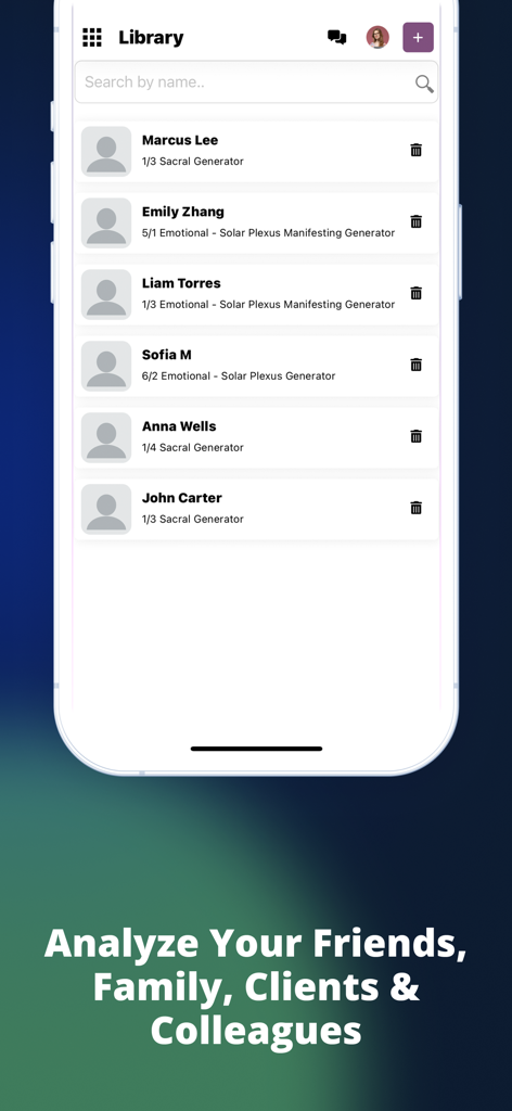 HumanDesign.ai - HumanDesign.ai library screen displaying a list of analyzed contacts and their Human Design types