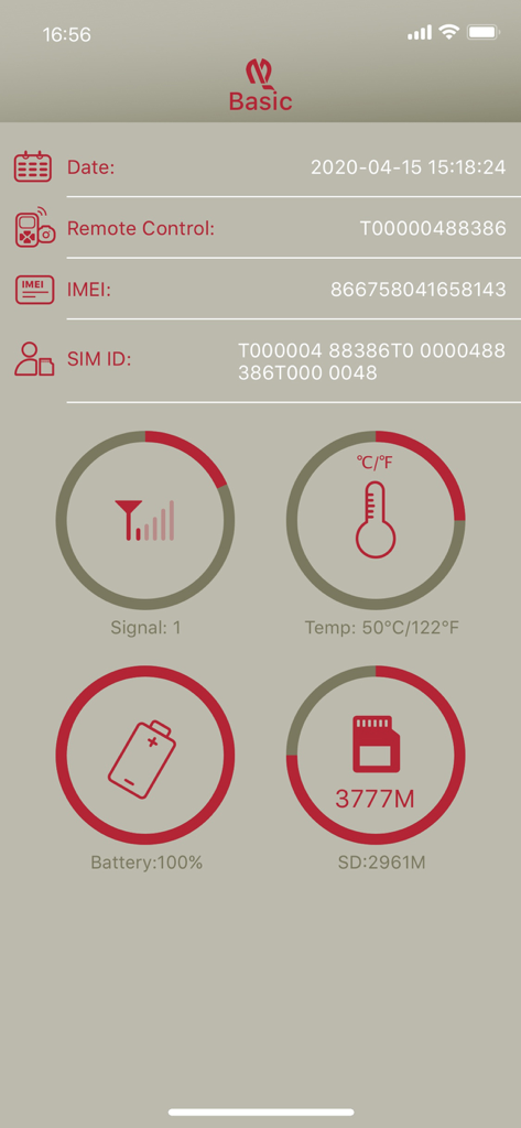 HunterCam - Interface of the HunterCam app showing real-time trail camera status including battery level signal strength temperature and SD card storage