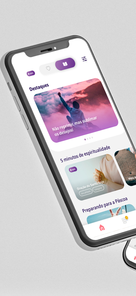 Caná Encontros pela Fé - Smartphone displaying spiritual formation videos and articles within the Cana Christian dating app