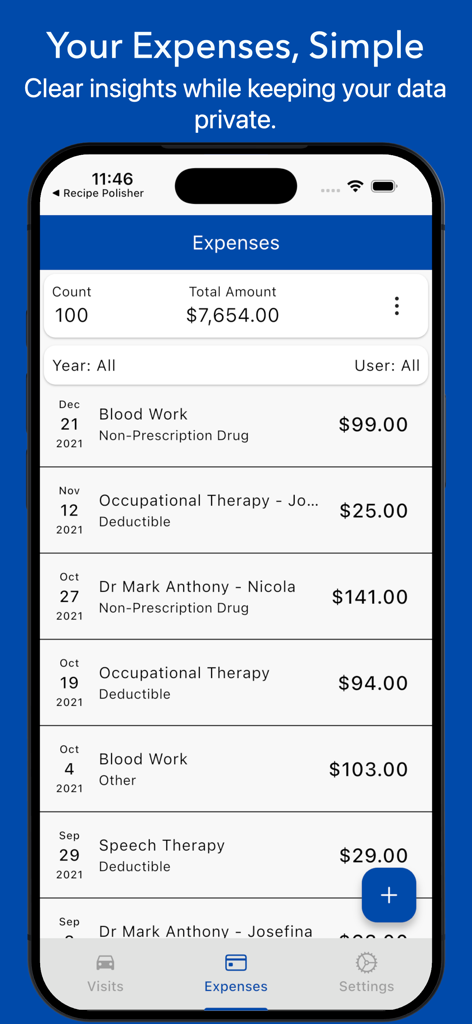 Dashboard of the Medical Expenses Log app displaying a list of healthcare costs and total spending