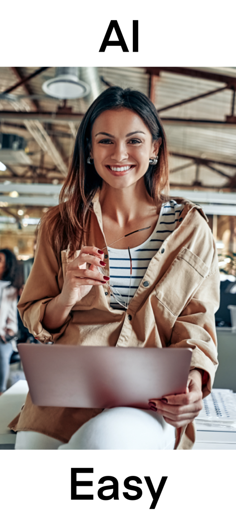 AI Photo Editing - A smiling young professional holding a laptop with the text AI Easy representing simple photo enhancement