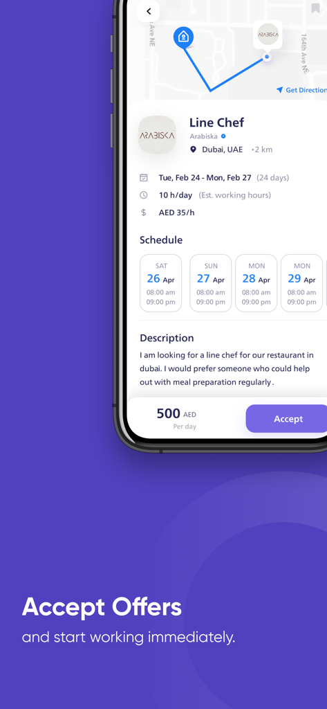 Pantalla de la aplicación móvil Ogram que muestra una oferta de trabajo de chef de línea con horario y botón de aceptar.