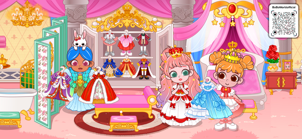 ピンクのお城の部屋にある開いたワードローブから、王女のドレスを選んでいるお姫様のキャラクター