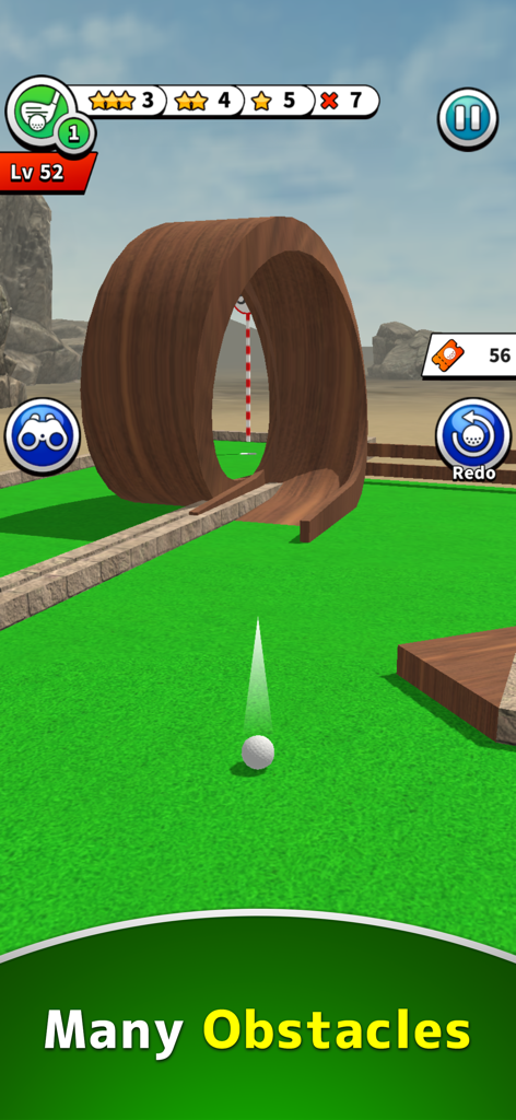 A white golf ball on a green course in front of a large wooden loop obstacle in Mini Golf 1000