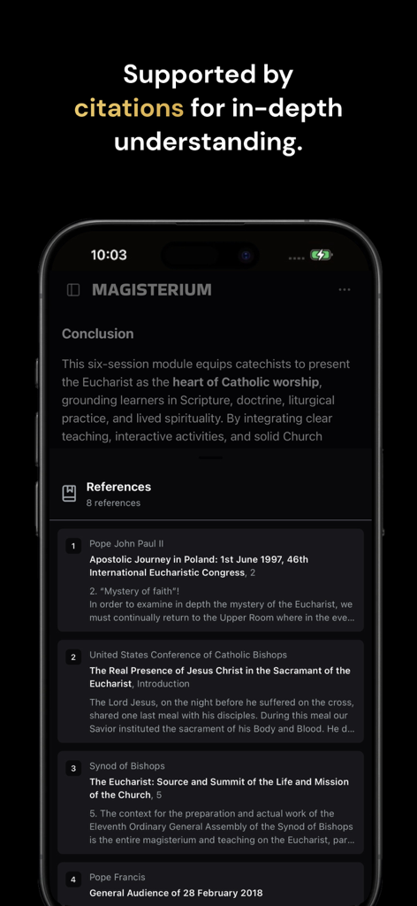 Magisterium AI app interface showing official Catholic Church citations and references for theological questions