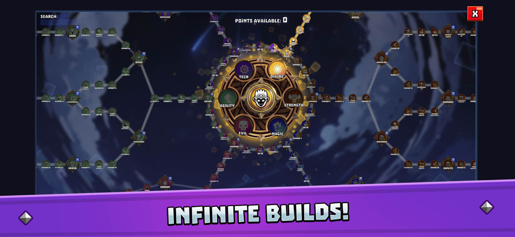 Hunters Origin - A complex character skill tree from Hunters Origin showing various class evolution paths and infinite build options