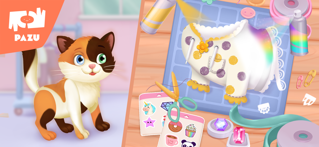 Cat games Pet Care & Dress up - Un chat calico mignon à côté d'un écran de conception de vêtements de bricolage avec des autocollants et de la peinture en aérosol