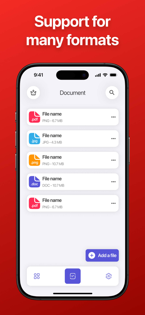 PDF JPG PNG DOCファイル形式のサポートを示すiPhone画面。PDFコンバーターアプリで使用できます。