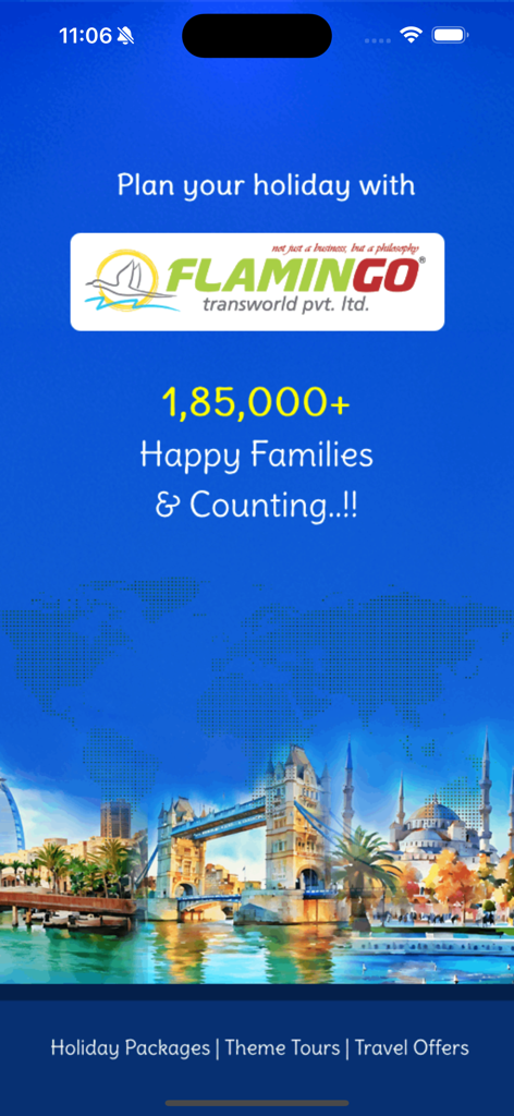Flamingo Travels - Flamingo Travels app home screen showing holiday packages and global travel destination themes