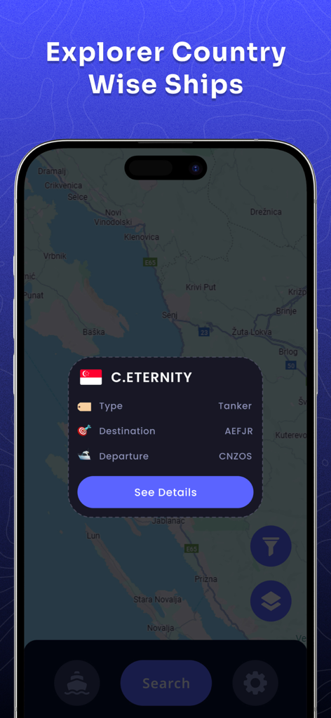 Ship Traffic app interface showing vessel details for a Singaporean tanker on a maritime map