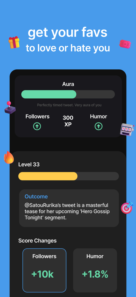 Interface do aplicativo Status mostrando métricas de simulação de redes sociais como níveis de Aura e estatísticas de crescimento de seguidores.