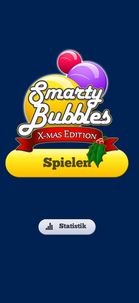 Menú principal de Smarty Bubbles XMAS Edition con decoraciones navideñas festivas y un botón de reproducción