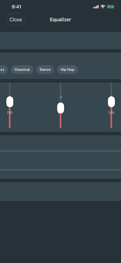 Pi Music Player - The equalizer settings screen of the Pi Music Player app featuring frequency sliders and music genre presets.