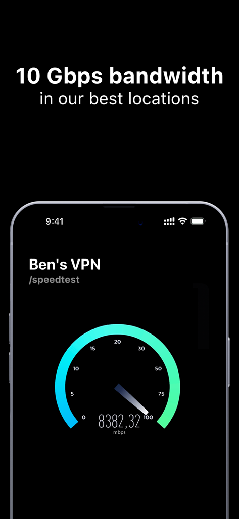 Bens VPN speed test interface showing high speed bandwidth