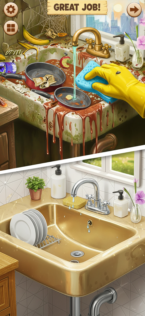 Before and after comparison of a messy kitchen sink being cleaned to a shiny golden finish in a simulation game