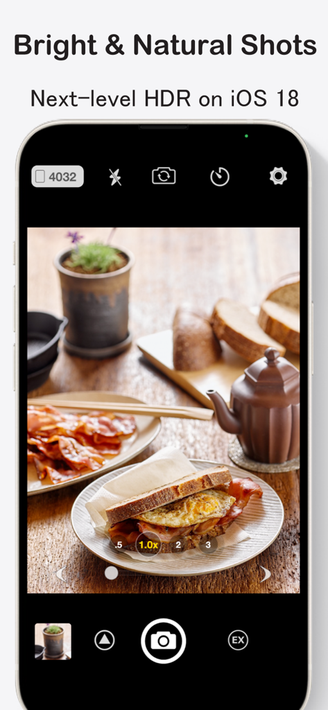 StageCameraHD2 - 48MP with HDR - StageCameraHD2 app interface showing natural HDR food photography with manual settings