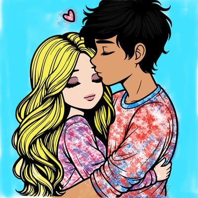 a realistic couple boy and girl hugging and kissing
