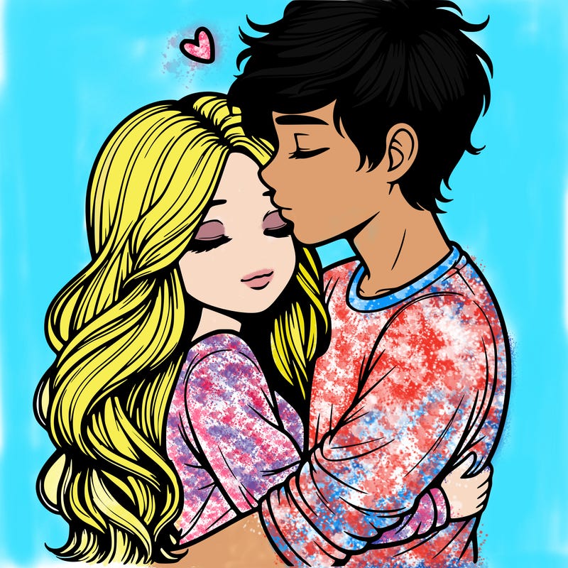 a realistic couple boy and girl hugging and kissing