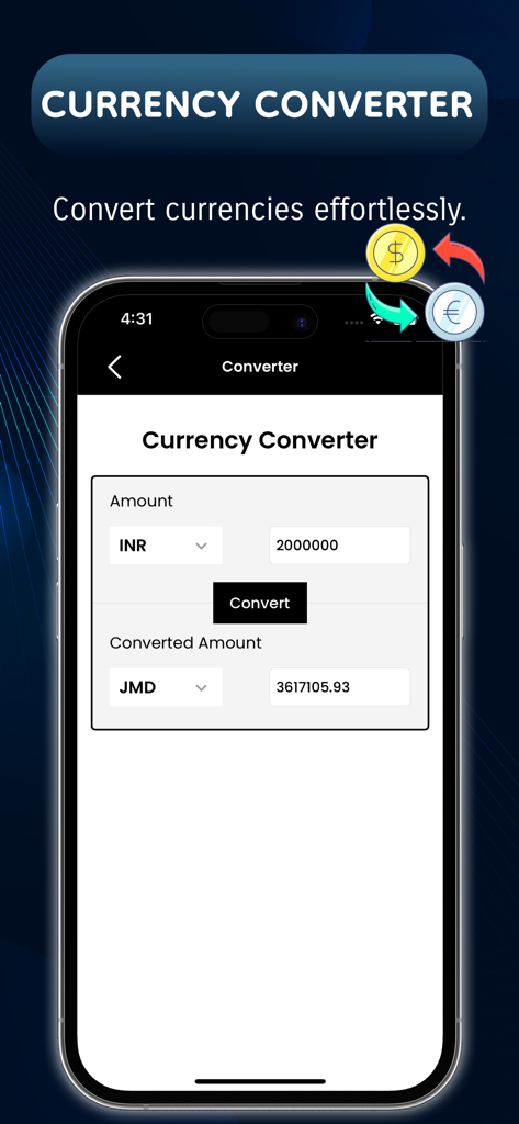 라우터 비밀번호 앱 내 통화 변환기 도구 인터페이스로, INR에서 JMD로의 변환을 보여줌.