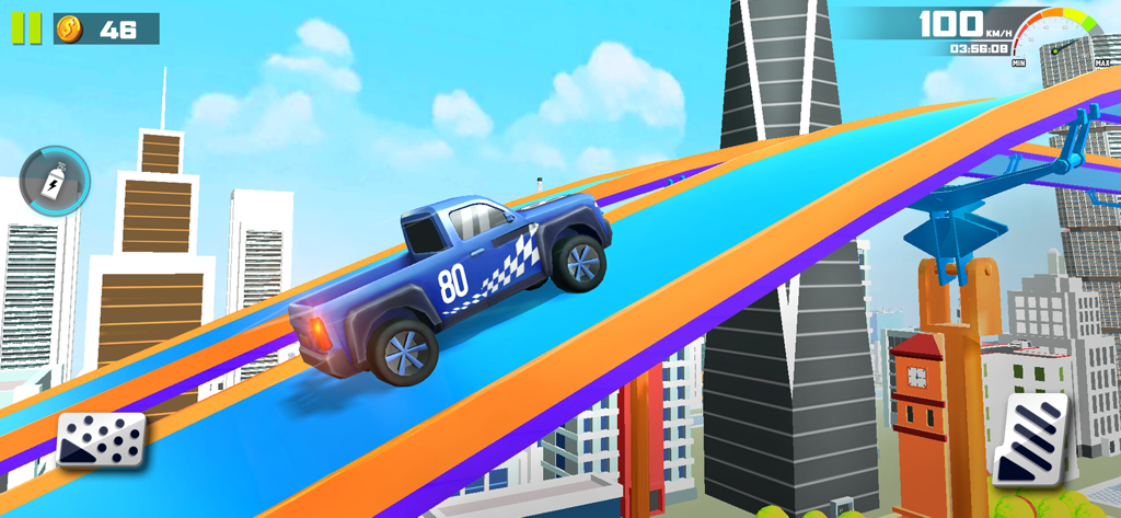 Race Master 3D - Car Stunts - A blue pickup truck with number 80 driving on a colorful stunt track high above a city skyline
