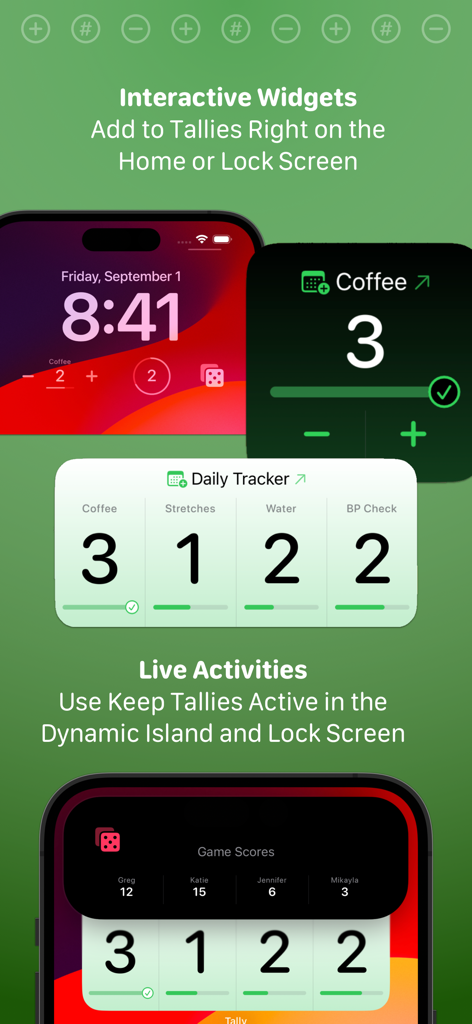 Tally • Quick Counter - Tally app featuring interactive widgets and live activities for tracking habits and scores on the iPhone lock screen