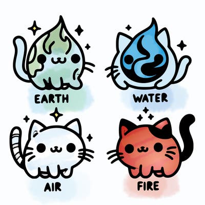 4 cats that represent the different elements, earth, water, air, and fire