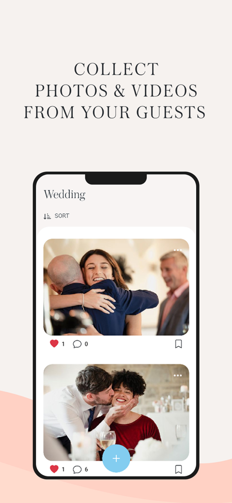 Wedding Photo Swap & Share - Wedding photo app interface showing a feed of guest photos and videos with likes and comments