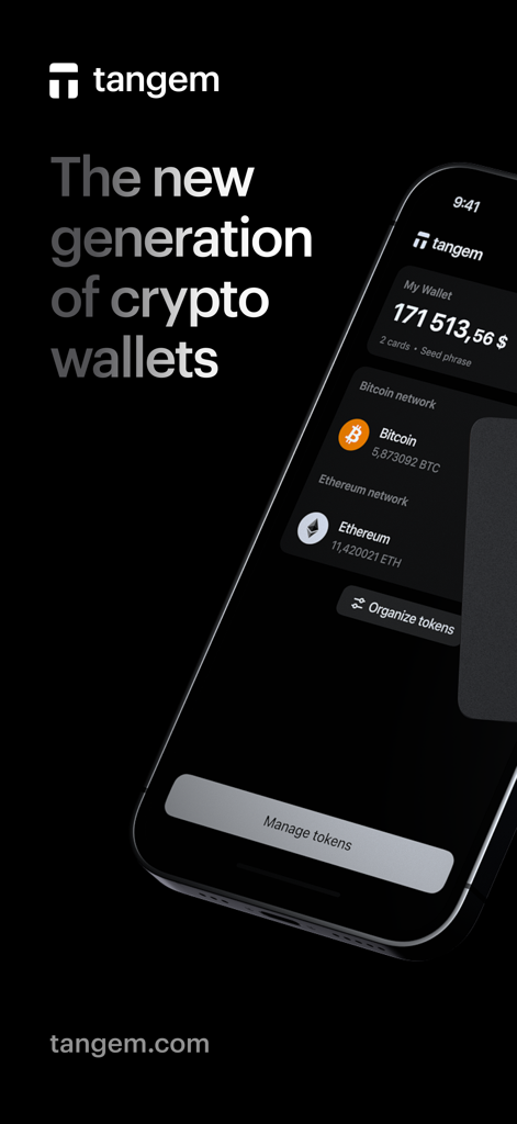 Tangem crypto wallet mobile app interface displaying Bitcoin and Ethereum balances