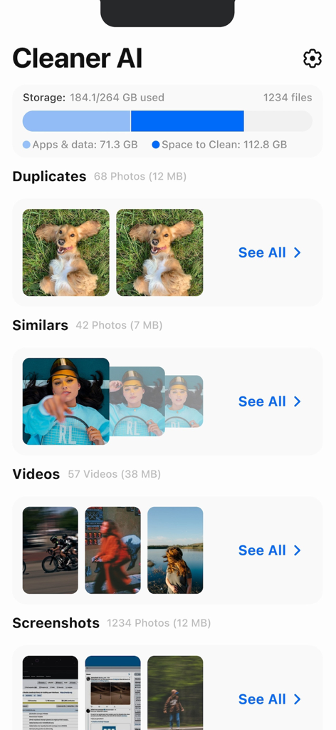 Duplicate Photos Cleaner AI - Panel de control de la aplicación Limpiador de Fotos Duplicadas IA que muestra el uso del almacenamiento y las categorías de duplicados, fotos similares y videos
