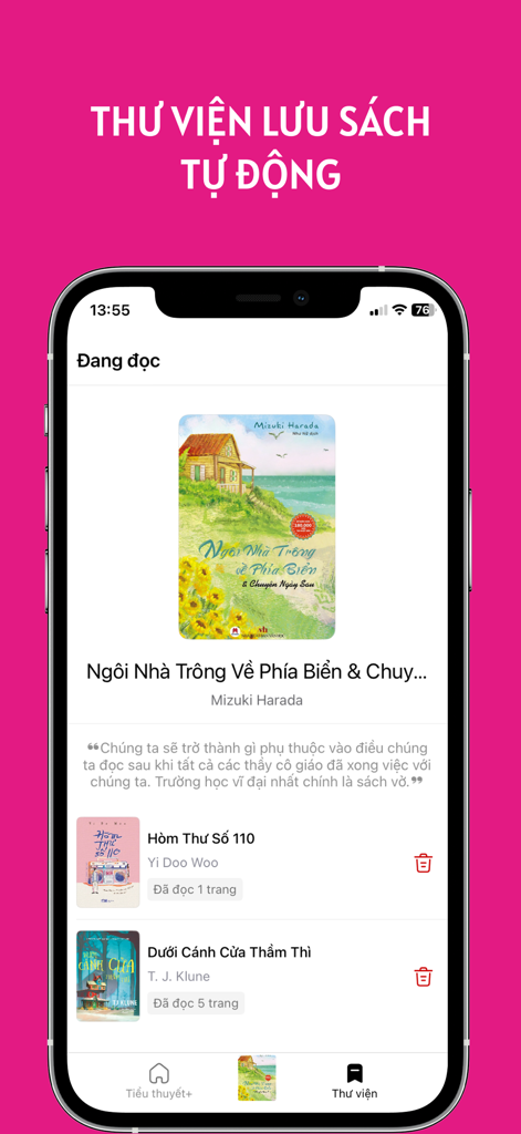 Tiểu thuyết hay chọn lọc - ベトナム語小説読書アプリのインターフェース。ユーザーライブラリと現在読んでいる本が表示されています。