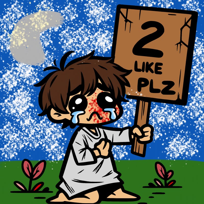 small poor toddler crying with sign that says 2 like plz