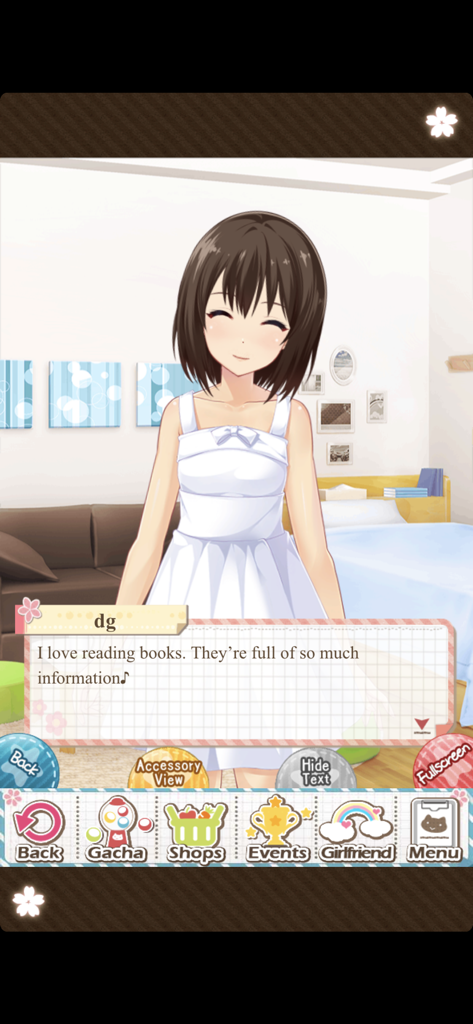Dream Girlfriend - An anime style girl with short brown hair wearing a white dress talking about reading books in the Dream Girlfriend mobile game