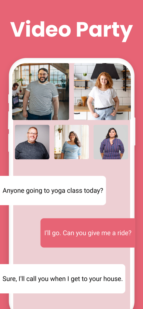 Plus Club: BBW Dating & Chat - Plus Club app interface showing the Video Party feature with profile photos and a group chat about local events