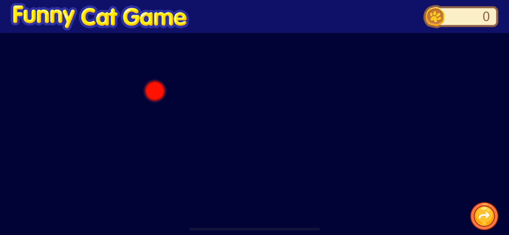 Gameplay do Jogo Engraçado para Gatos mostrando um ponto de laser vermelho em uma tela azul escura para enriquecimento de gatos