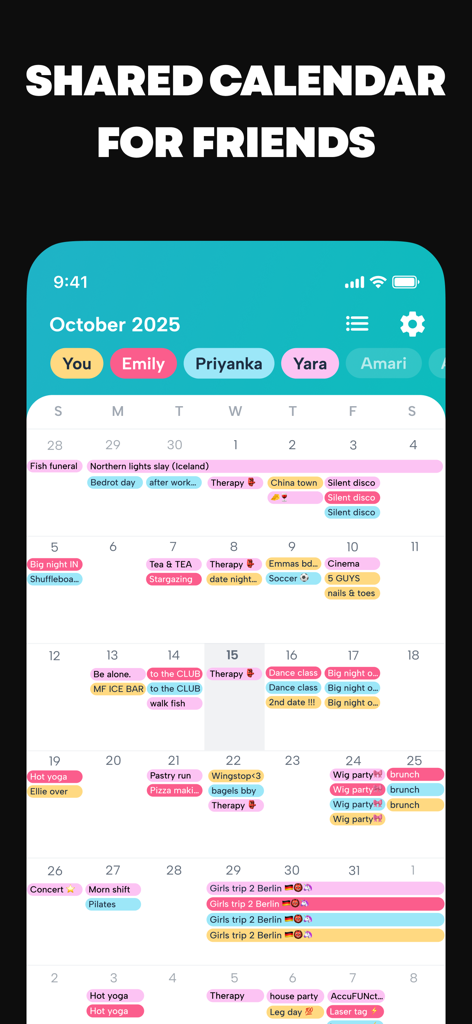 Howbout: shared calendar - Screenshot of the Howbout app showing a colorful shared monthly calendar interface with social events and friend activity