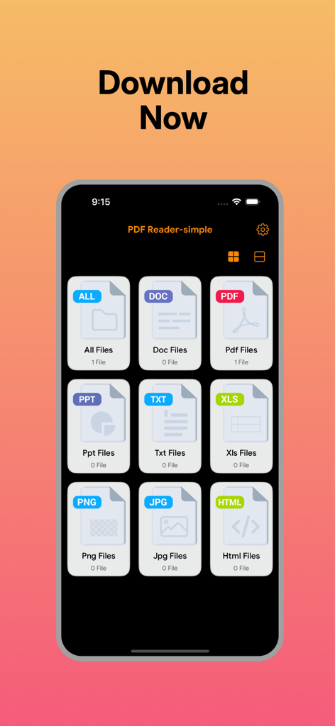 ドキュメントと画像のファイルカテゴリが表示されたPDF Reader-simpleアプリの画面