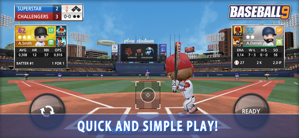 BASEBALL 9 - BASEBALL 9モバイルゲーム画面。打者がホームプレートに立ち、選手ステータスとスコアが表示されています。